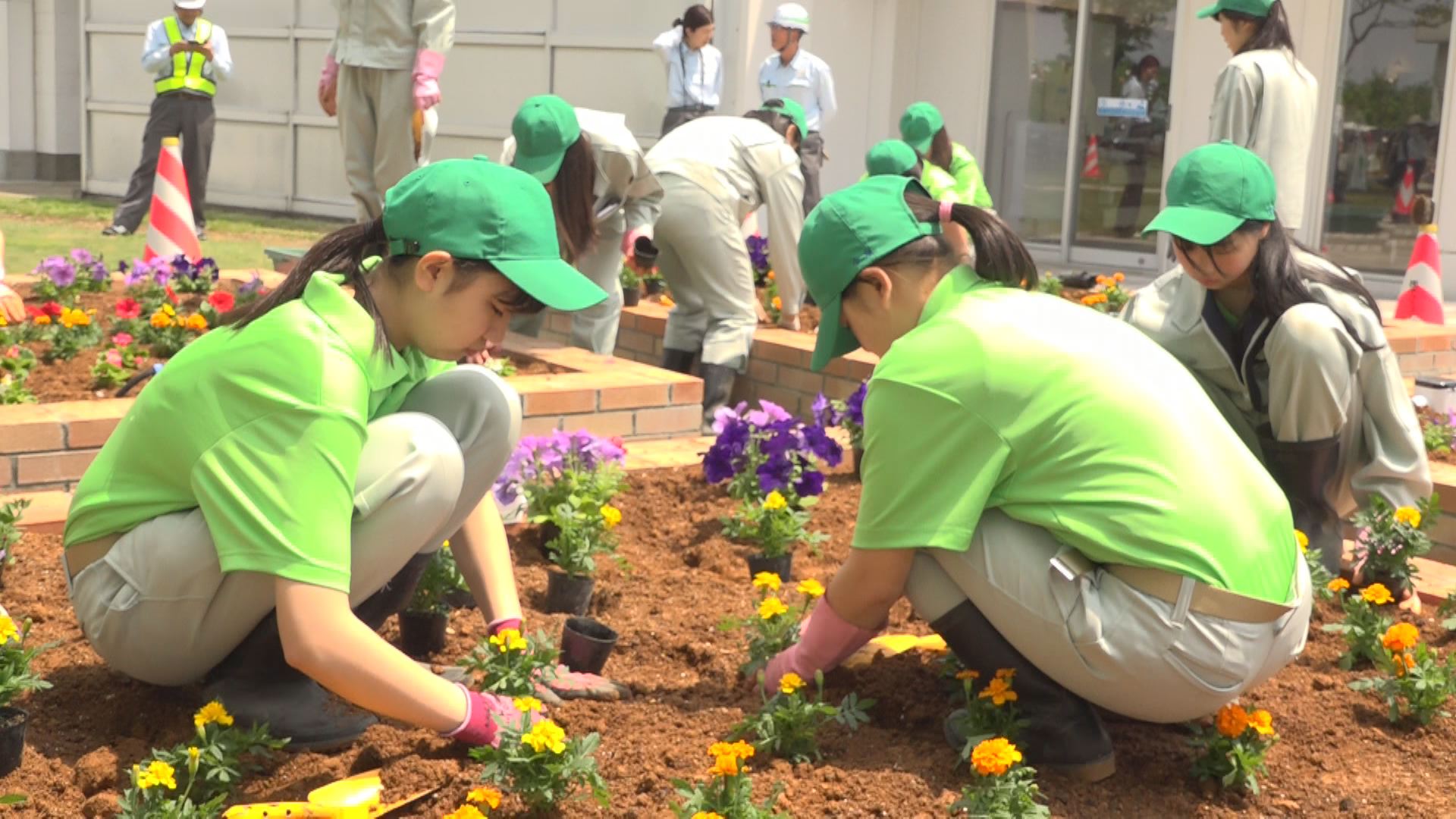 高速道路SAに地元高校生が花植え