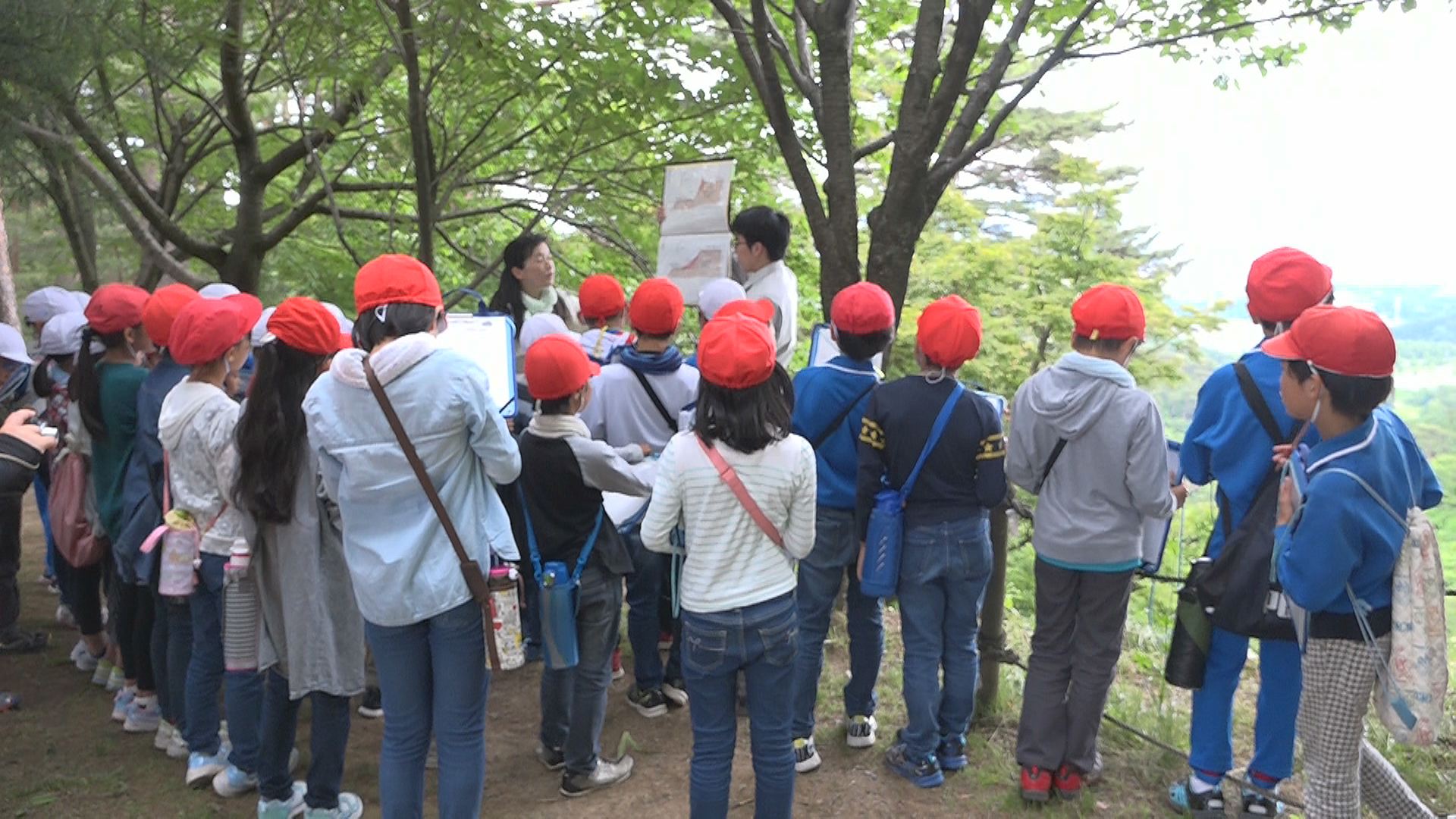 春日山城跡復旧工事　地元児童が見学