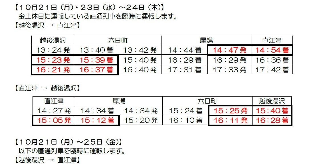 北越急行 臨時直通列車25日（金）まで拡大