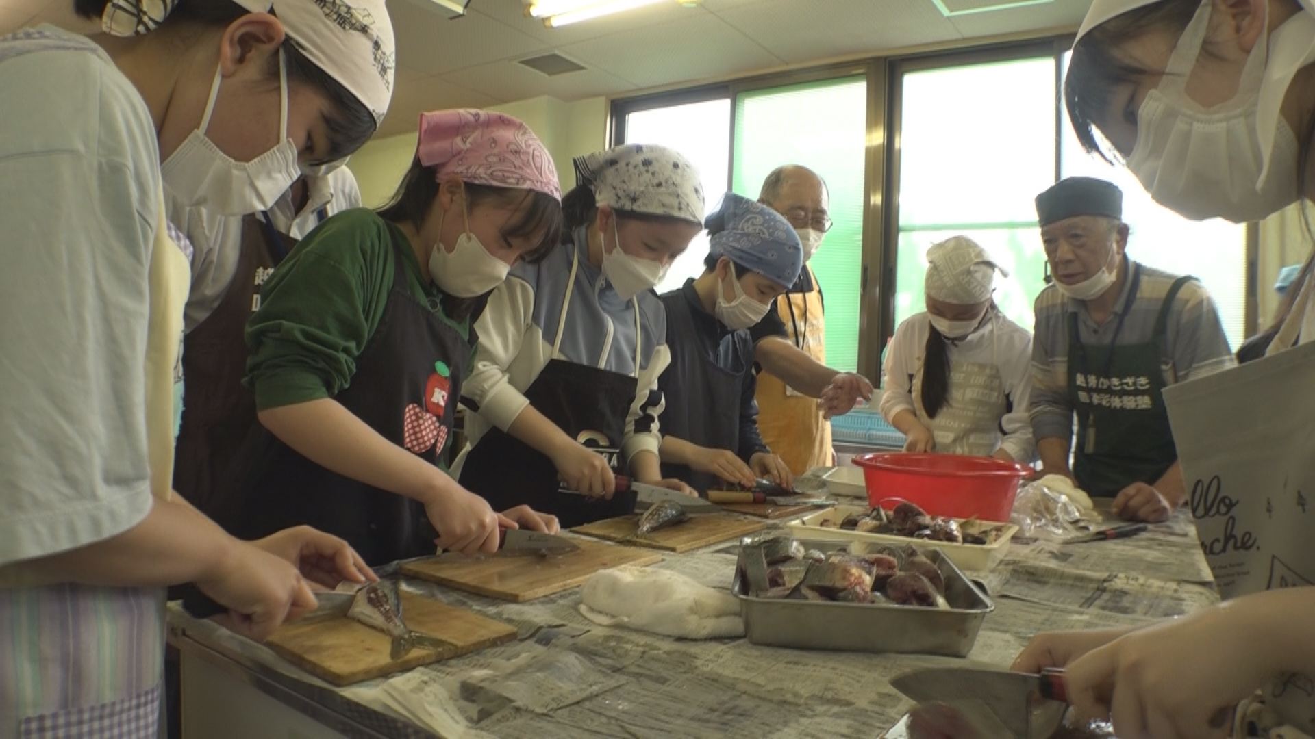 柿崎で栃木県の中学生が魚さばき体験