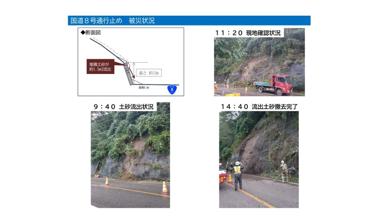 国道8号で土砂崩落  青海-市振間が全面通行止め