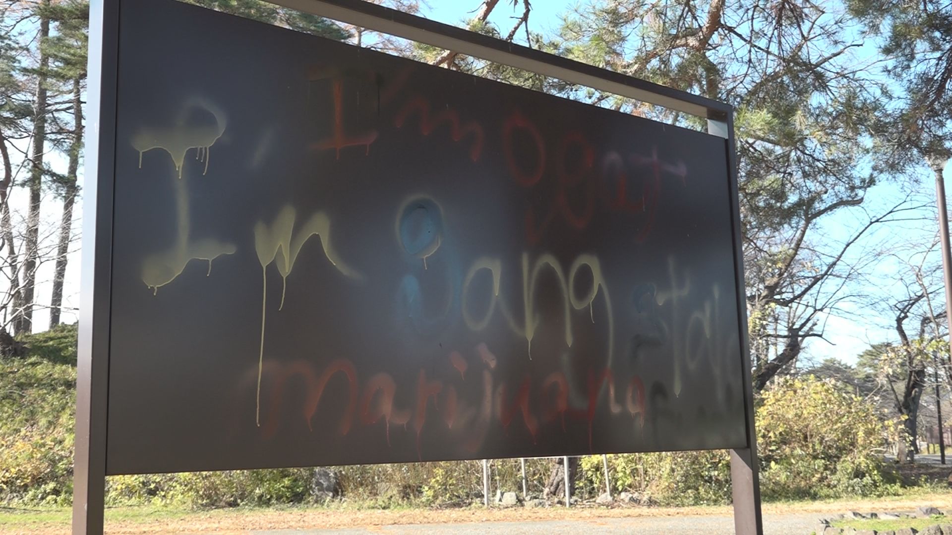 高田城址公園 看板裏に落書き見つかる