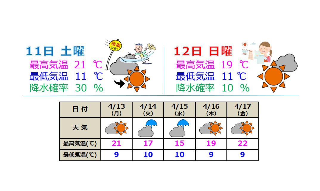11日(土)は西寄りの強風に注意 12日(日)はお花見日和に