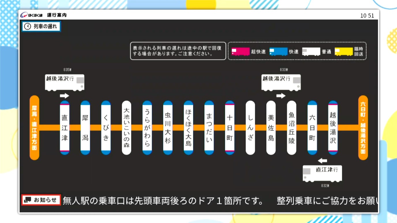 トキ鉄･ほくほく線の運行案内  JCV123チャンネルで平日毎朝表示
